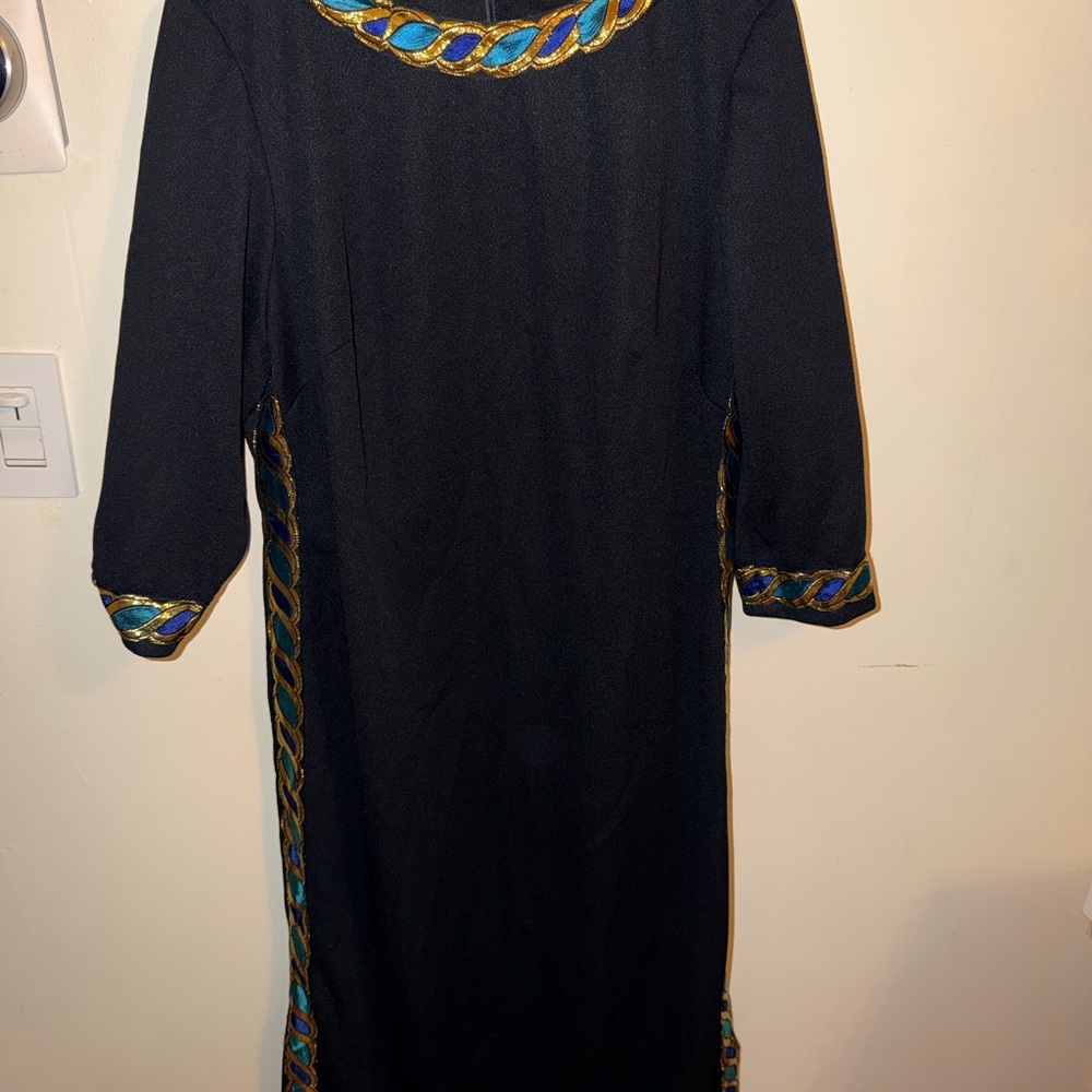 Elegant Black Dress with Blue and Gold Accents